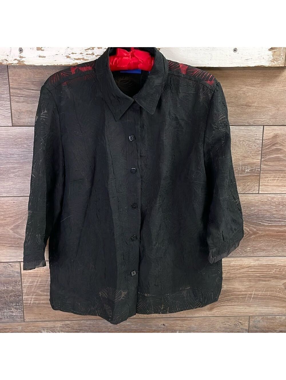 JH Collectibles M Black Sheer Floral Burnout Button Front Blouse Made in Canada